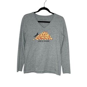 LIFE IS GOOD Dog Jumping in Leaves Long sleeve V Neck Crusher tee size Medium